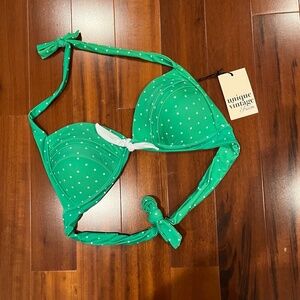 New NWT Unique Vintage Green Bikini Swim Top White Polka Dot Halter Size Medium